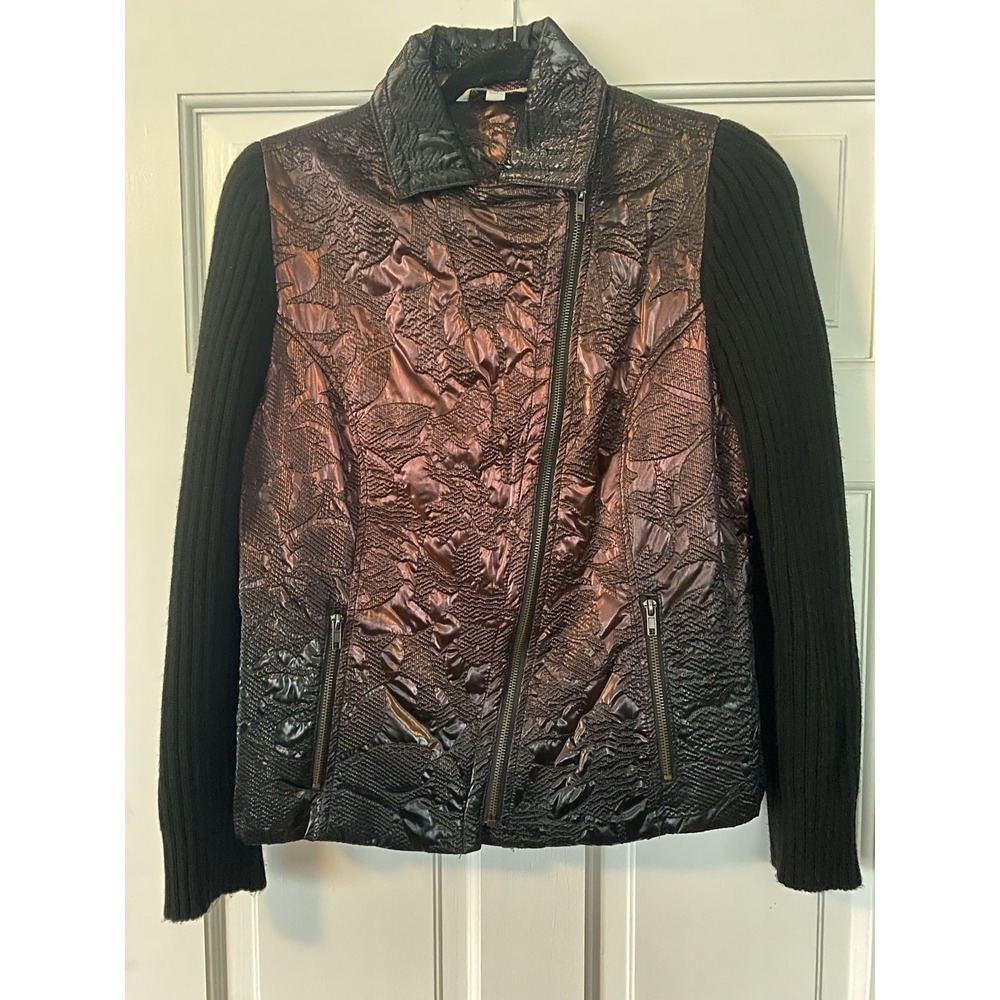 Madison Hill Womens Moto Jacket SZ Med Iridescent Copper Textured Knit Sleeve